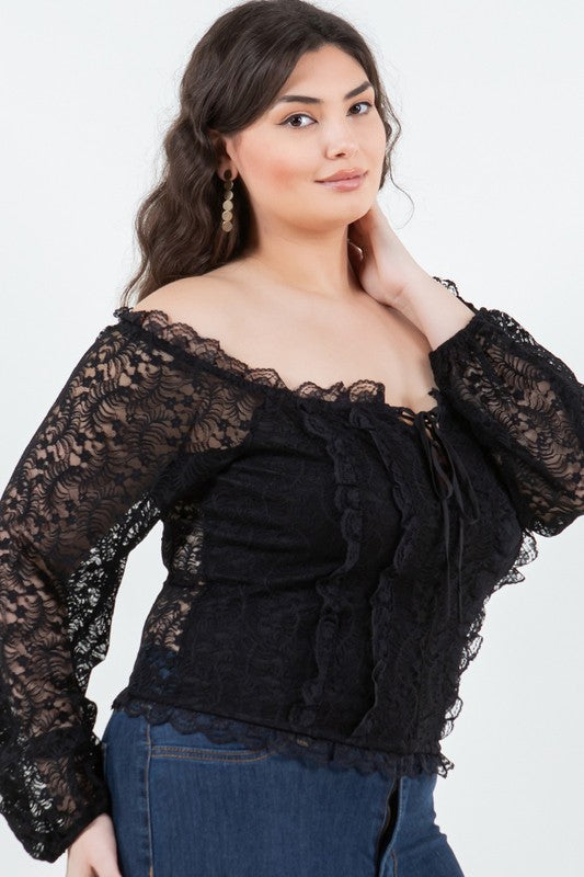 Lace Ruffle Tie Off Shoulder Top