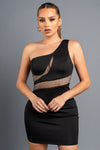 Cut-Out Rhinestone Net One Shoulder Mini Dress