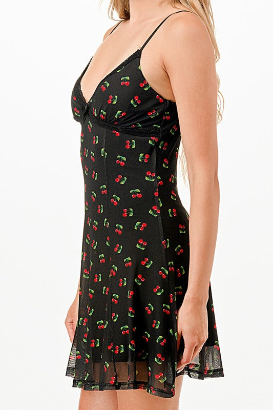 Cherry V-Neck Mesh A-Line Dress