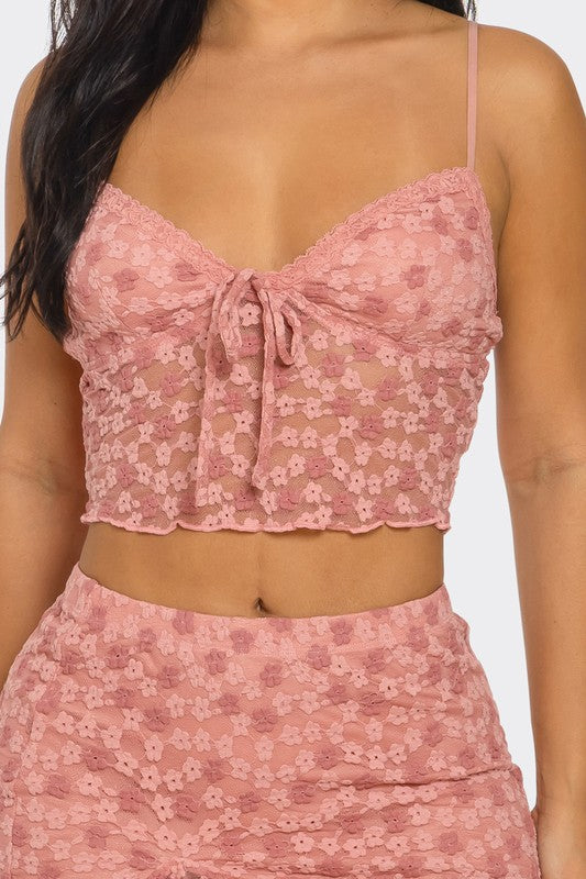 Flower Mesh Tie Front Tank Crop