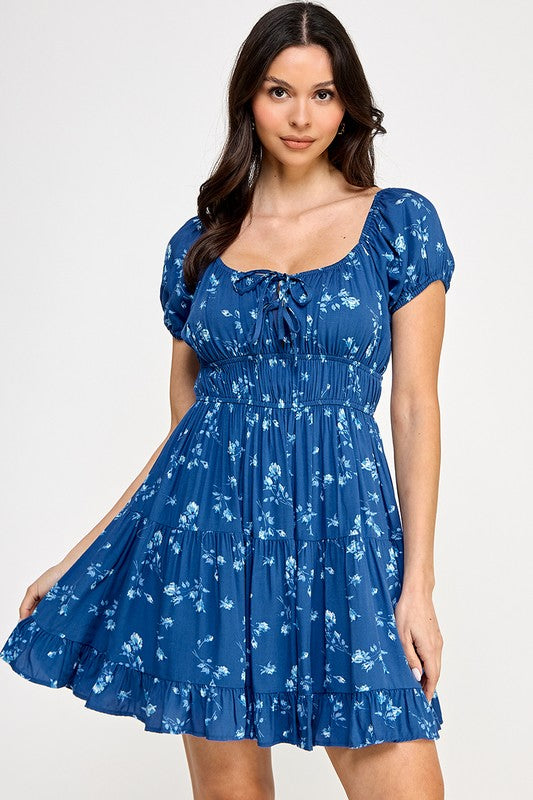 Floral Front-Tie Elastic Ruffle Dress