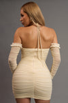 Off Shoulder Long Sleeve Mesh Beaded Ruched Dress