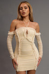 Off Shoulder Long Sleeve Mesh Beaded Ruched Dress