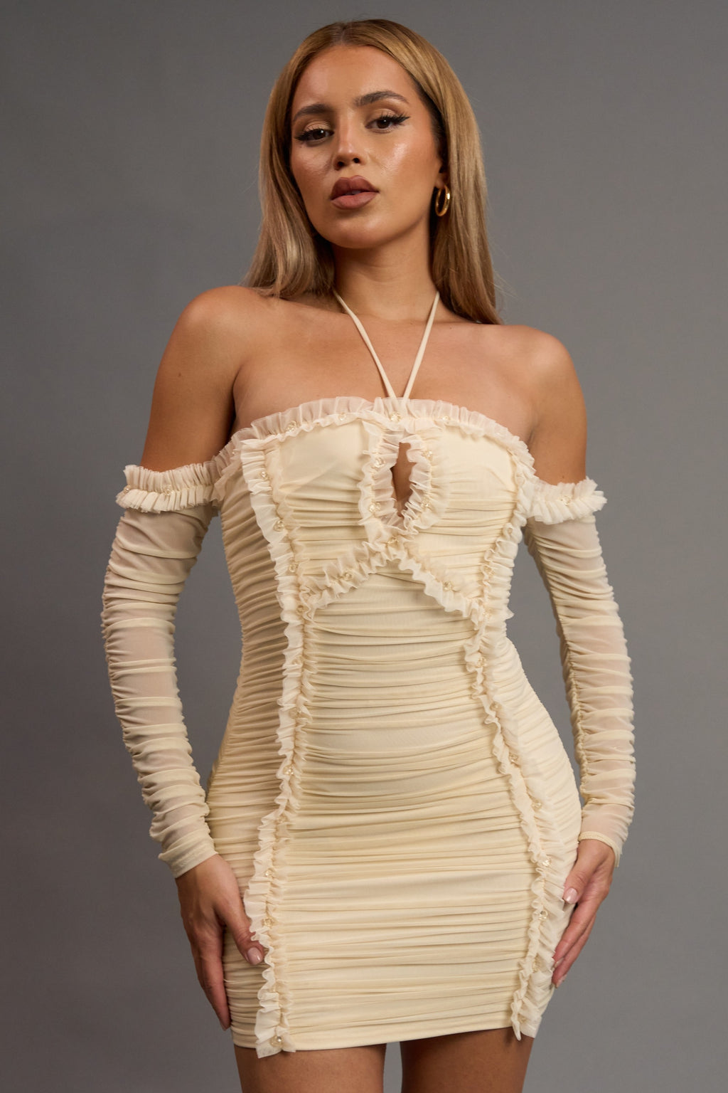 Off Shoulder Long Sleeve Mesh Beaded Ruched Dress