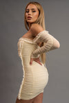 Off Shoulder Long Sleeve Mesh Beaded Ruched Dress