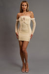 Off Shoulder Long Sleeve Mesh Beaded Ruched Dress