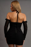 Off Shoulder Long Sleeve Mesh Beaded Ruched Dress