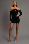 Off Shoulder Long Sleeve Mesh Beaded Ruched Dress