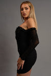 Off Shoulder Long Sleeve Mesh Beaded Ruched Dress