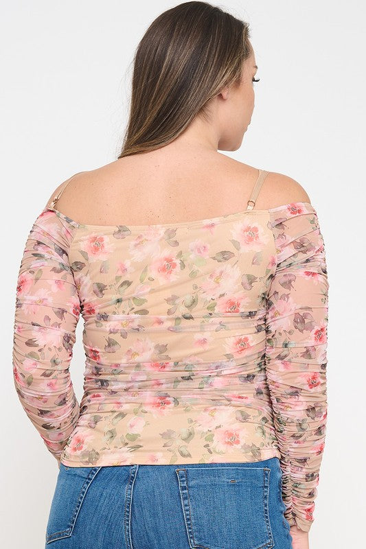 Flower Mesh Ruch Off Shoulder Top