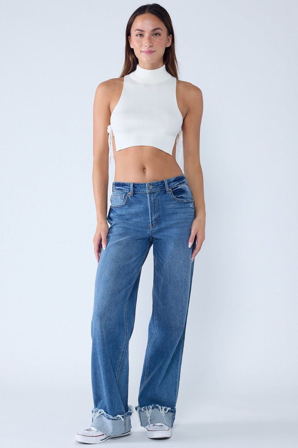 High Rise Baggy Cuffed Wide Leg Jean