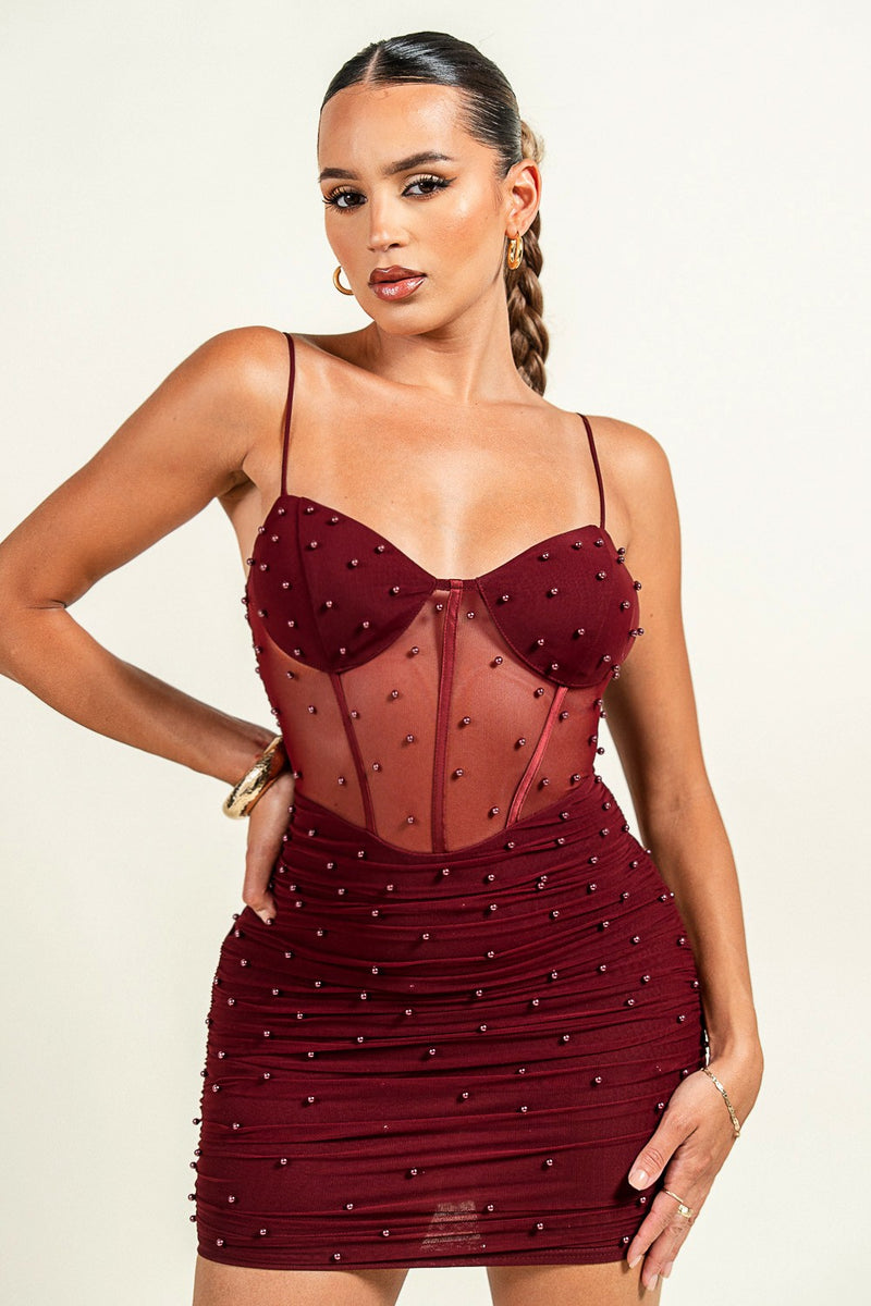 Pearl Ruch Mesh Bustier Mini Dress