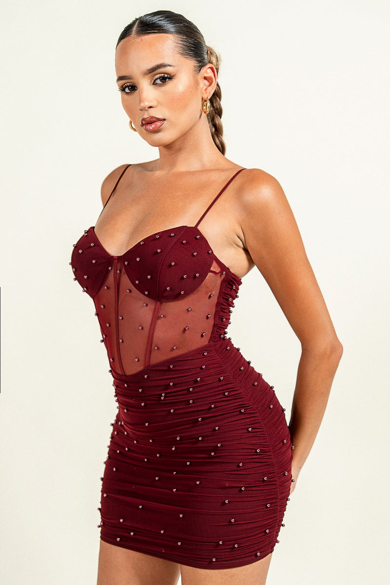 Pearl Ruch Mesh Bustier Mini Dress