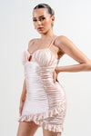 Satin Knit Ruched Ruffle Mini Dress