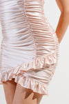 Satin Knit Ruched Ruffle Mini Dress