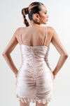 Satin Knit Ruched Ruffle Mini Dress