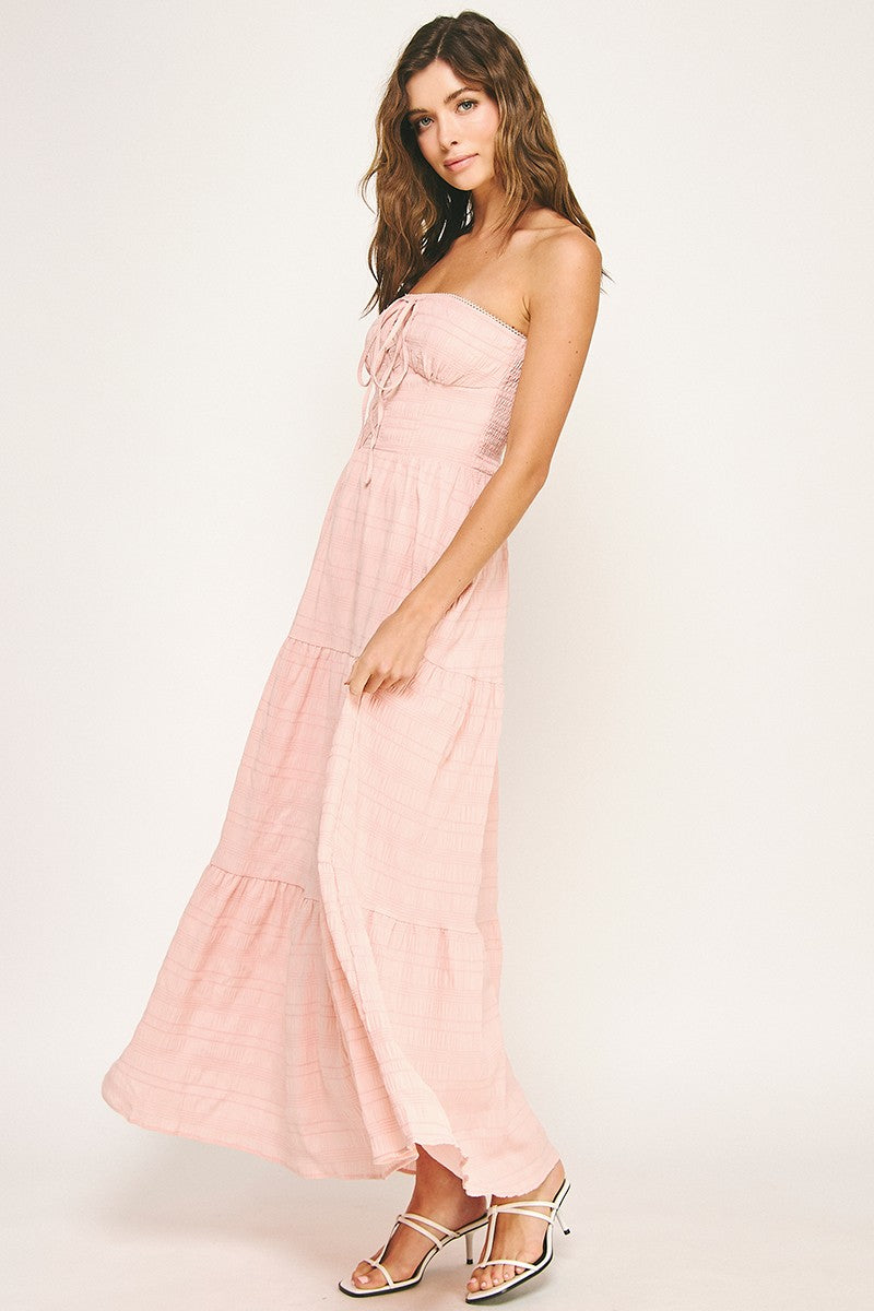 Lace Up Front Tiered Tube Maxi Dress