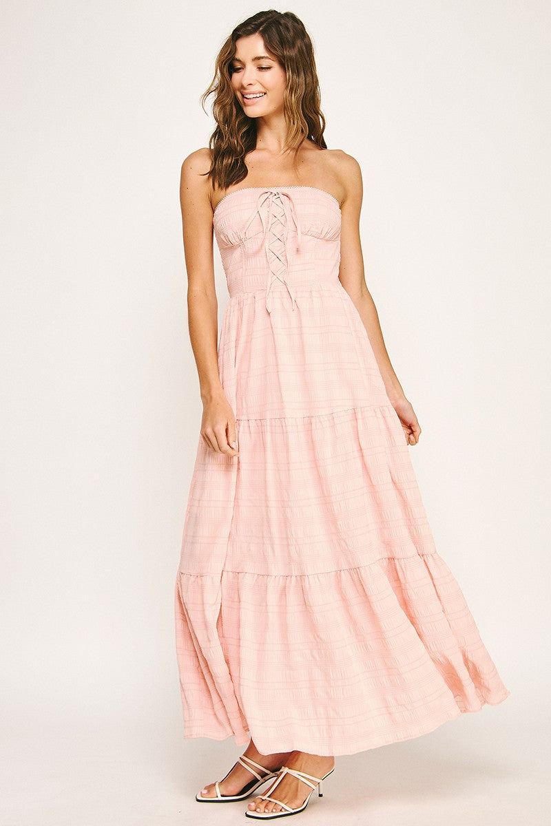 Lace Up Front Tiered Tube Maxi Dress