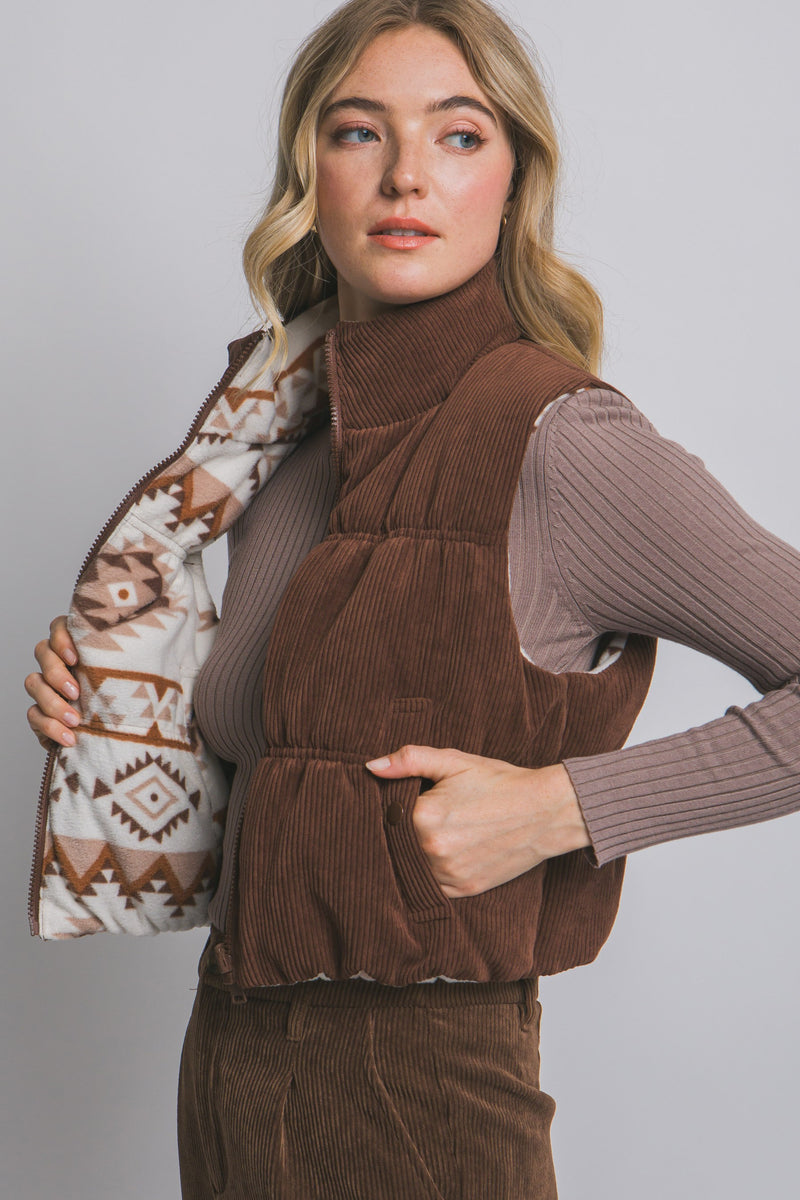 Reversible Corduroy Aztec Fleece Lined Puffer Vest