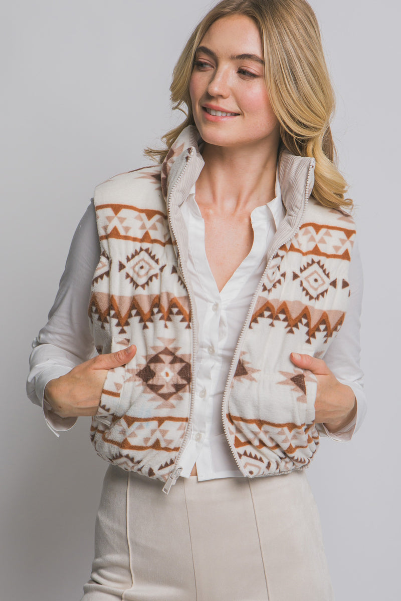 Reversible Corduroy Aztec Fleece Lined Puffer Vest