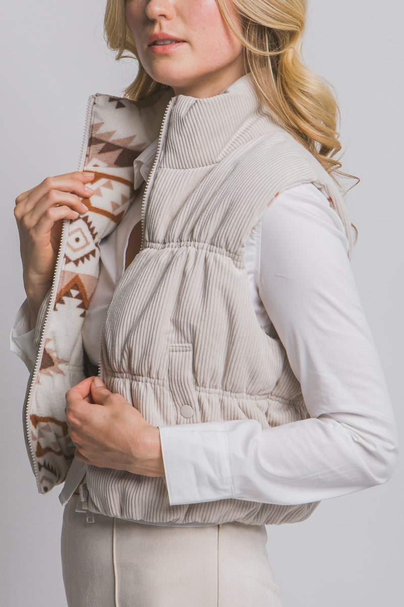Reversible Corduroy Aztec Fleece Lined Puffer Vest