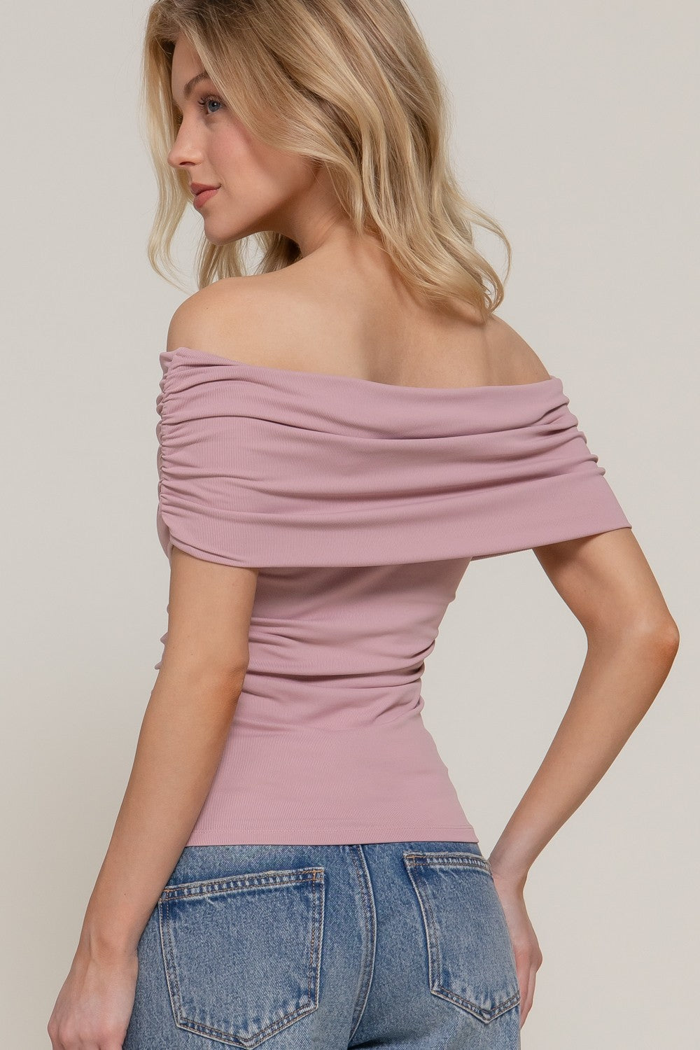 Off Shoulder Short Sleeve Ruched Knit Top