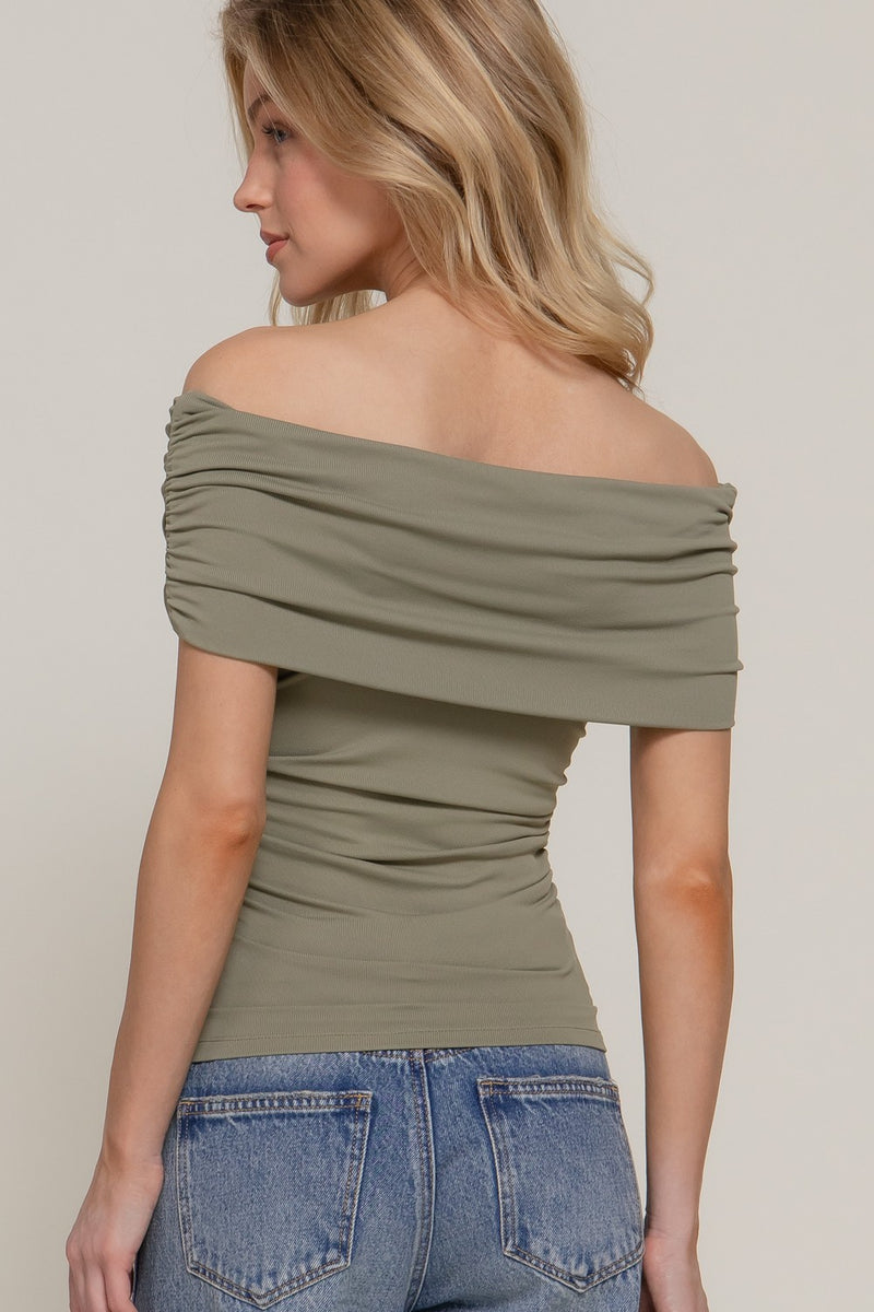 Off Shoulder Short Sleeve Ruched Knit Top