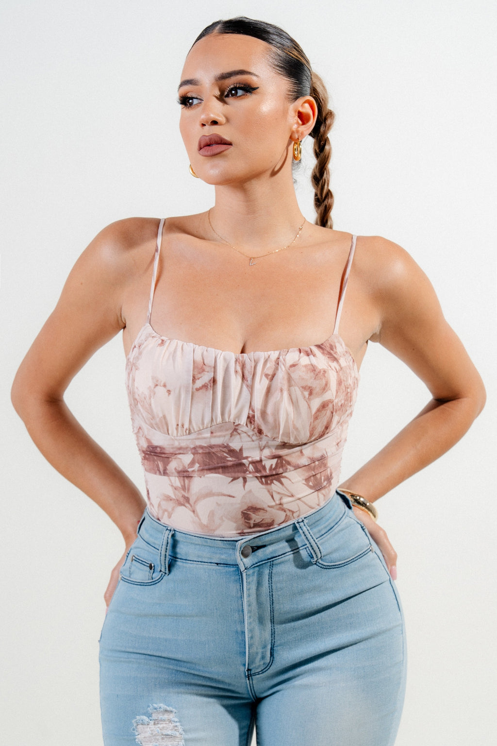 Floral Ruching Mesh Tank Bodysuit