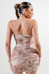 Drape Front Printed Ruch Mesh Mini Dress