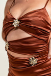 Satin Gold Flower Cutout Front Dress