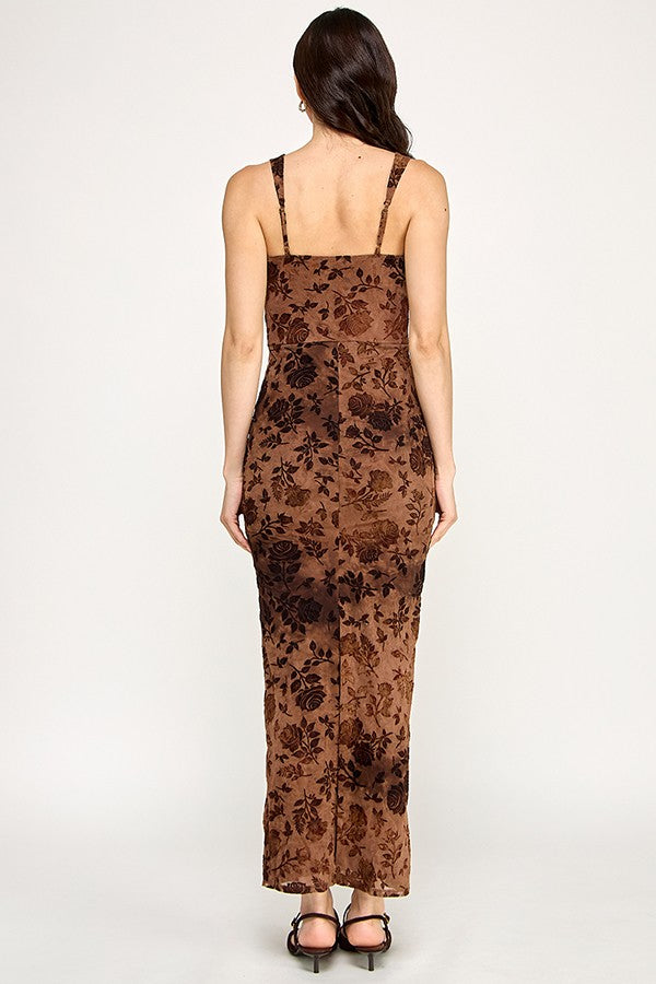 Flocked Floral Fitted Maxi Dress