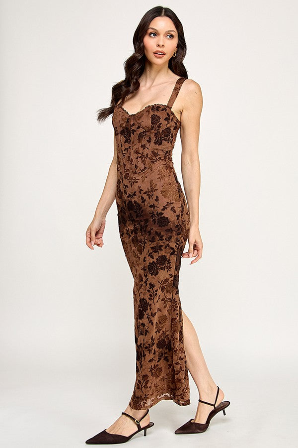 Flocked Floral Fitted Maxi Dress