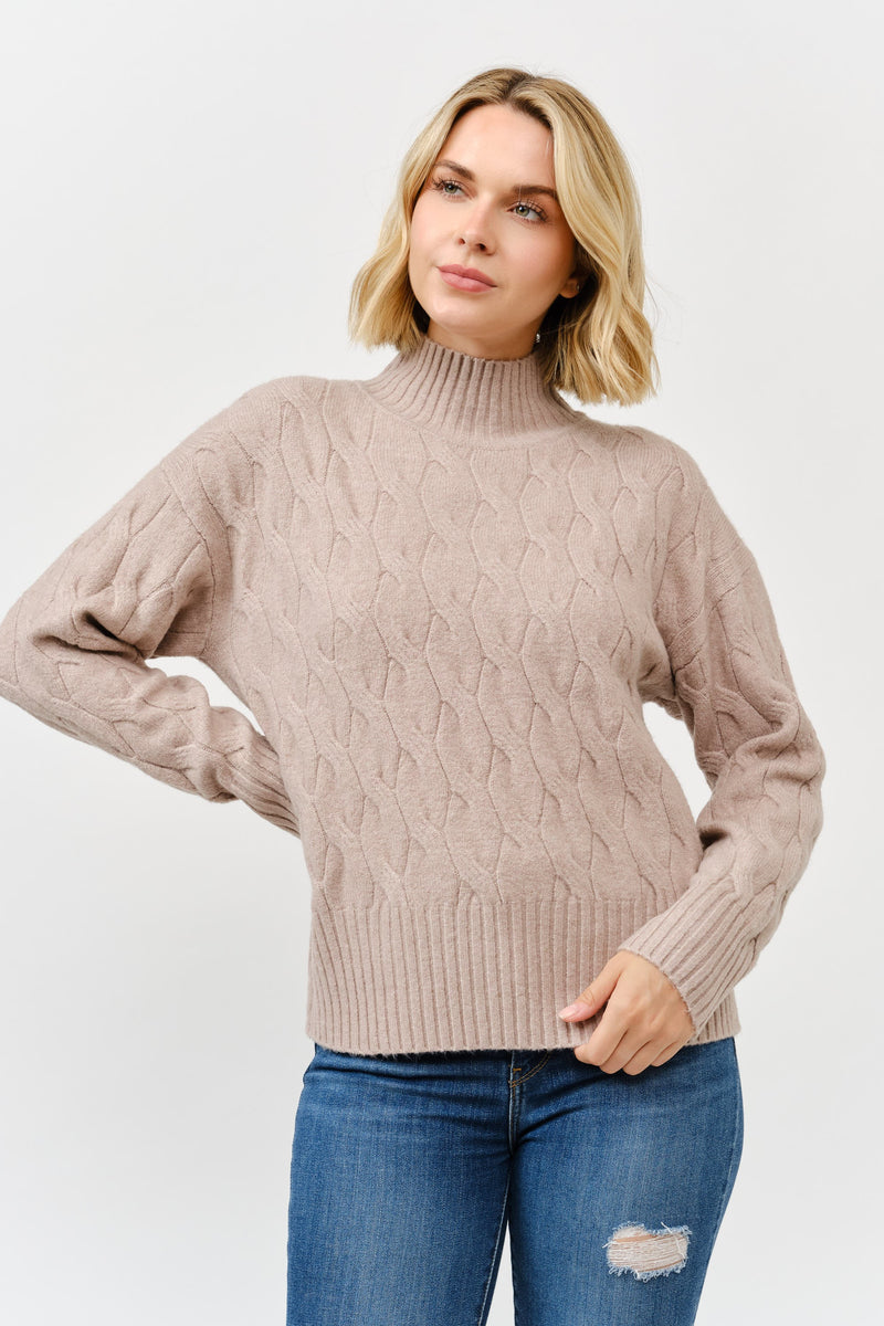 High Neck Cable Knit Long Sleeve Sweater