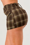 Brushed Plaid Belted Mini Skirt