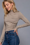 High Neck Long Sleeve Shirring Knit Bodysuit