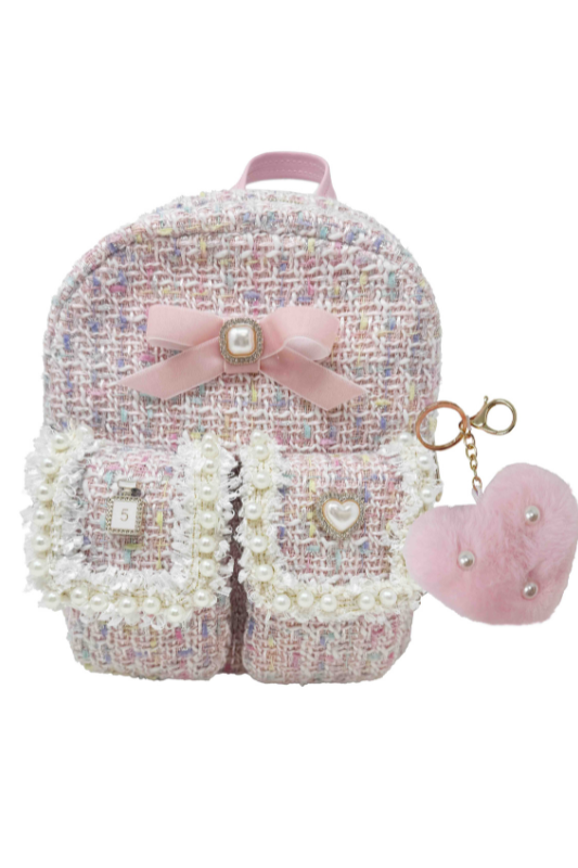 Tweed Mini Backpack with Bow & Pearls