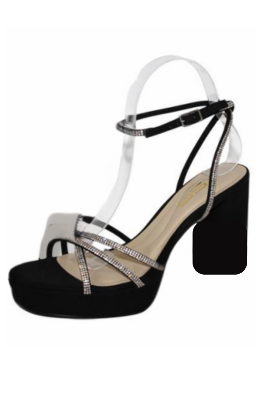 Cross Over Crystal Strap Chunky Heel