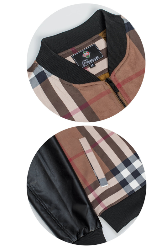Plaid Soft Zip Pleather Sleeve Bomber Jacket
