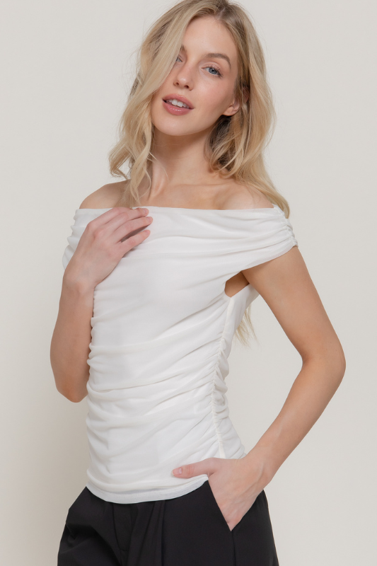 Off Shoulder Side Shirring Mesh Top – Concept Apparel