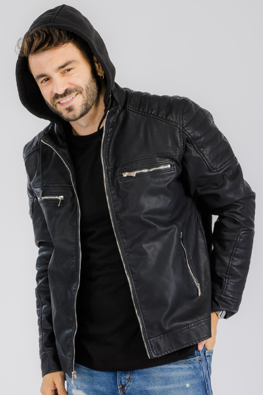 Pleather Moto Jacket w/Removable Hood