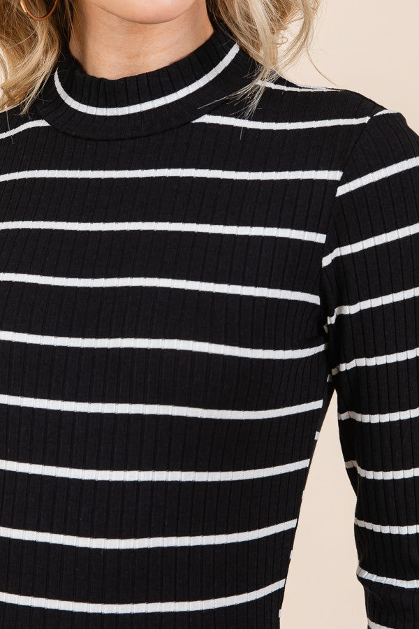 Stripe Rib Knit Mock Neck Top