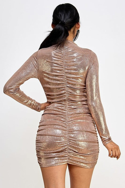 Metallic Foil Long Sleeve Ruched Mini Dress
