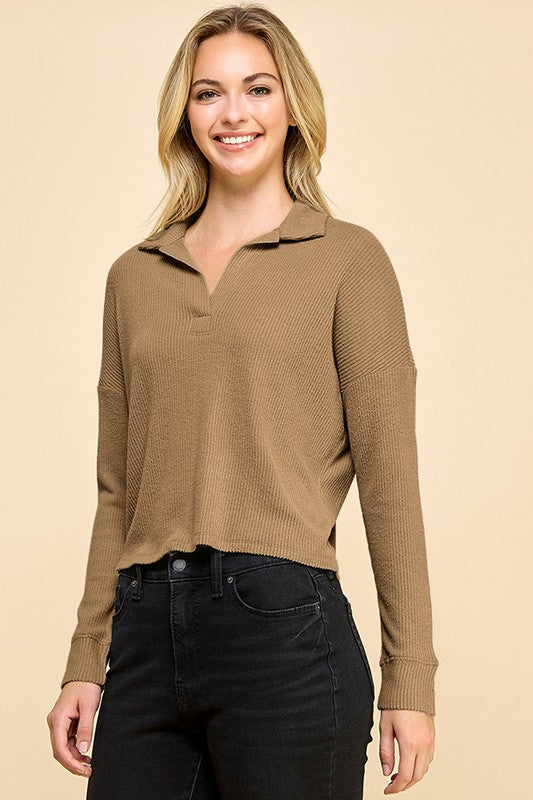 Brushed Rib Collar Long Sleeve Top