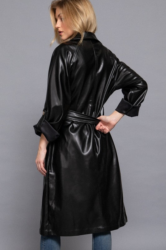 Faux Leather Double Breasted Trench Coat