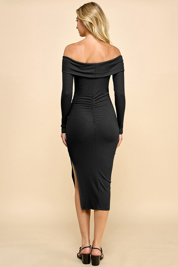 Ruched Off Shoulder Midi Dress with Slit White / Medium Ruched Off Shoulder Midi Dress with Slit White / Medium