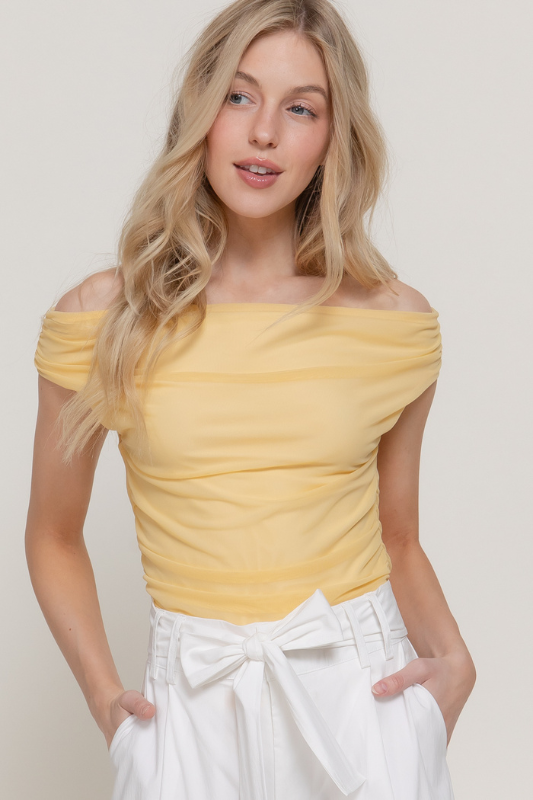 Off Shoulder Side Shirring Mesh Top – Concept Apparel