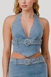 Stretch Belted Denim Halter Top