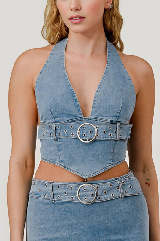 Stretch Belted Denim Halter Top