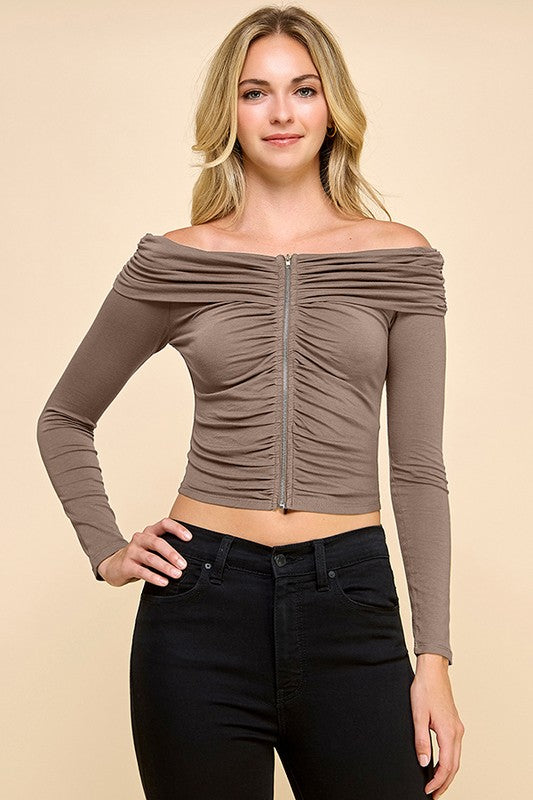 Off Shoulder Zip-Up Front Top