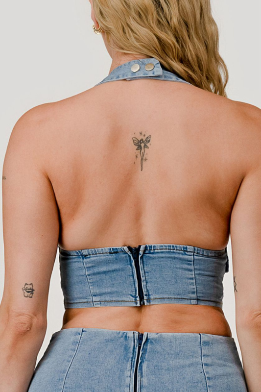 Stretch Belted Denim Halter Top